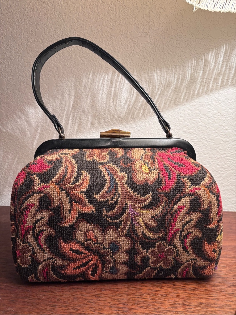Vintage Mid-Century Theodor California Floral Tapestry Handbag Gold Clasp